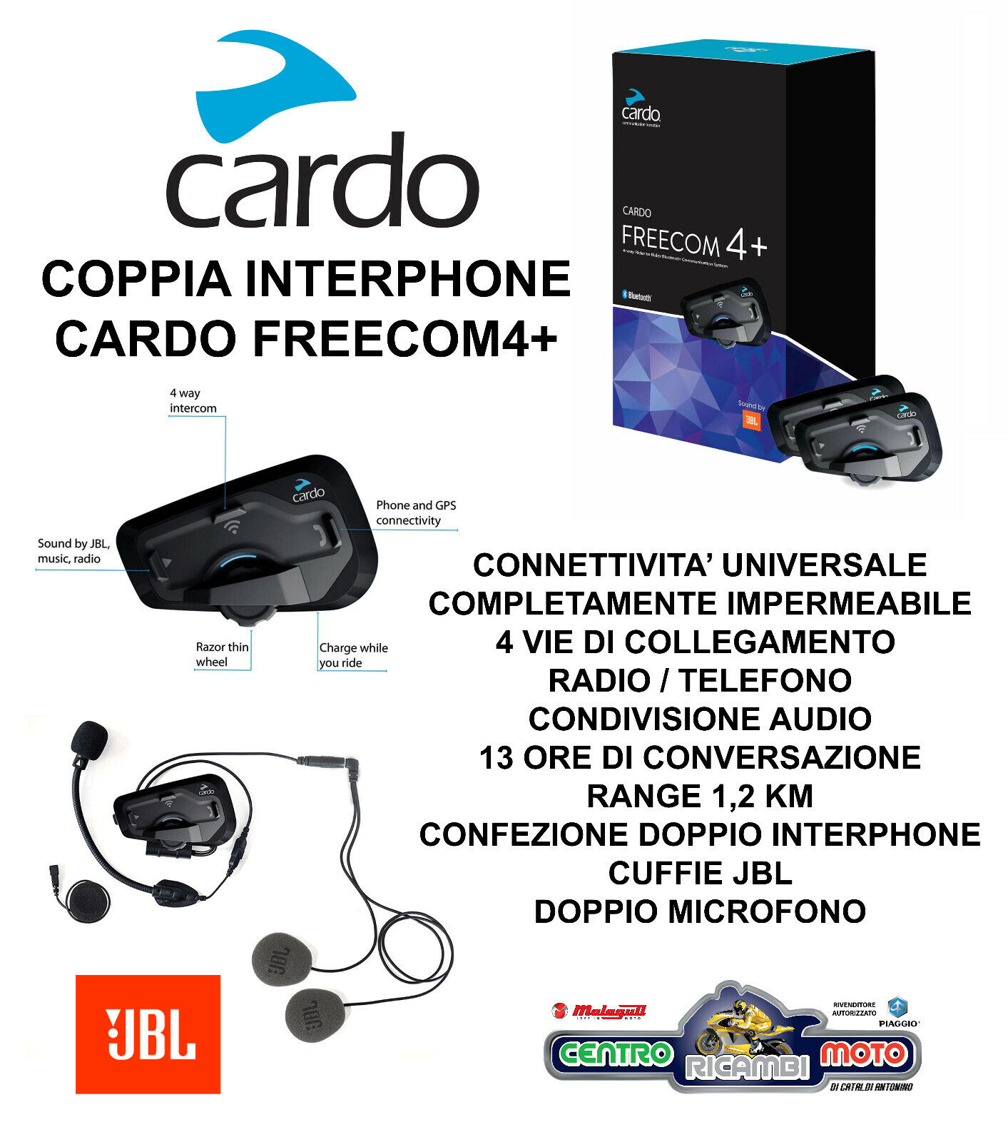 Nuovo Kit 2 Coppia Doppio Interphone Casco Moto Cardo Freecom 4+
