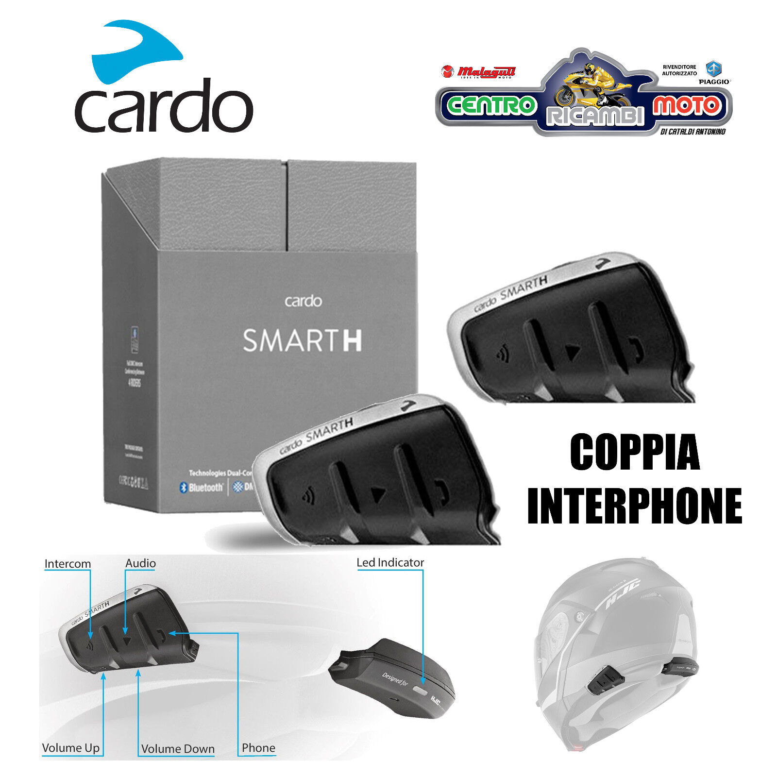 Kit Doppio 2 Interfono Casco Cardo SMART H Duo Bluetooth DMC Coppia  Impermeabile